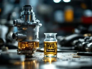 EGR-klep en gouden HVO-biodiesel container op werkbank in professionele automotive werkplaats