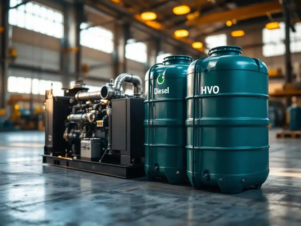 Industriële generator met chromen uitlaatpijpen naast diesel- en groene HVO-brandstofcontainers in verlichte magazijnruimte