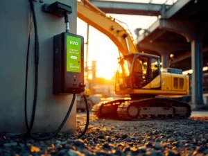 Gele graafmachine tankt HVO-biobrandstof bij moderne pomp op bouwplaats met betonnen balken tijdens gouden uur