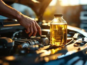 Moderne automotor met glanzende chromen onderdelen en gouden HVO-biobrandstof container, handen controleren vloeistofniveaus in garage met natuurlijk zonlicht