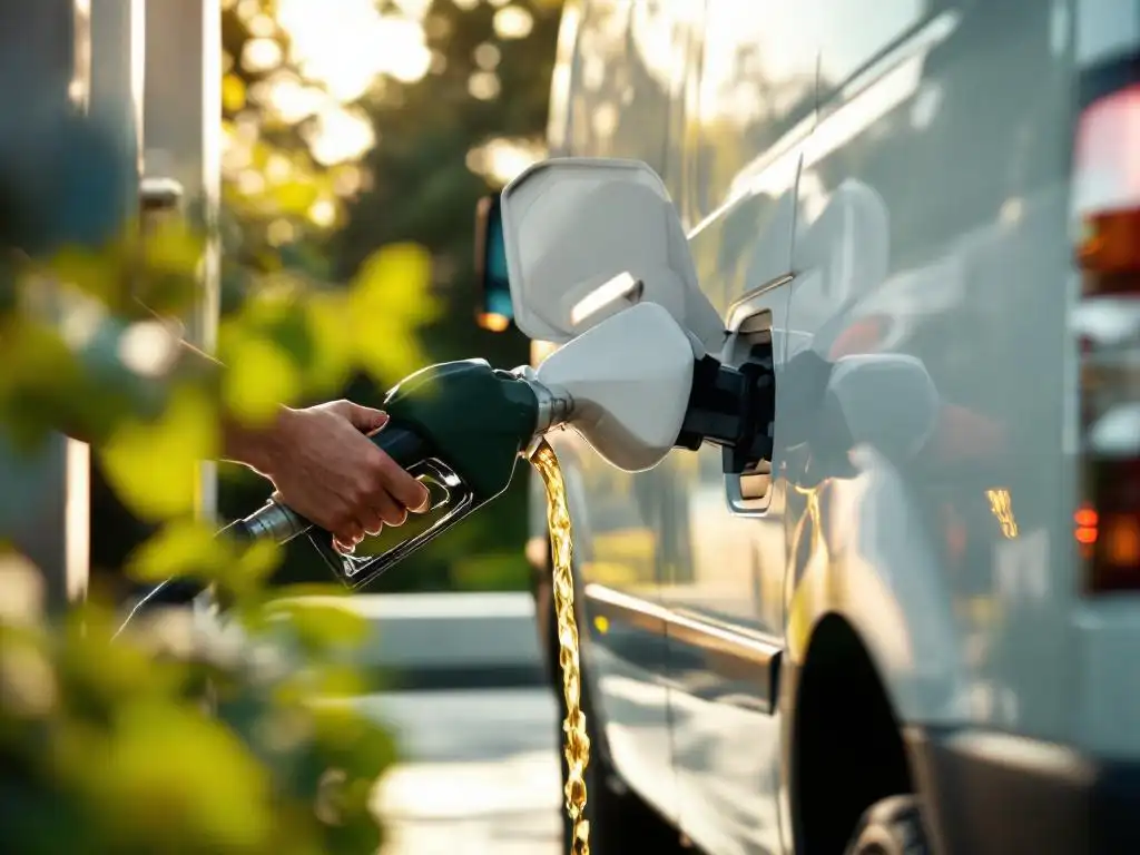 Witte bedrijfswagen wordt getankt met gouden HVO-biobrandstof bij modern tankstation met groene begroeiing op achtergrond