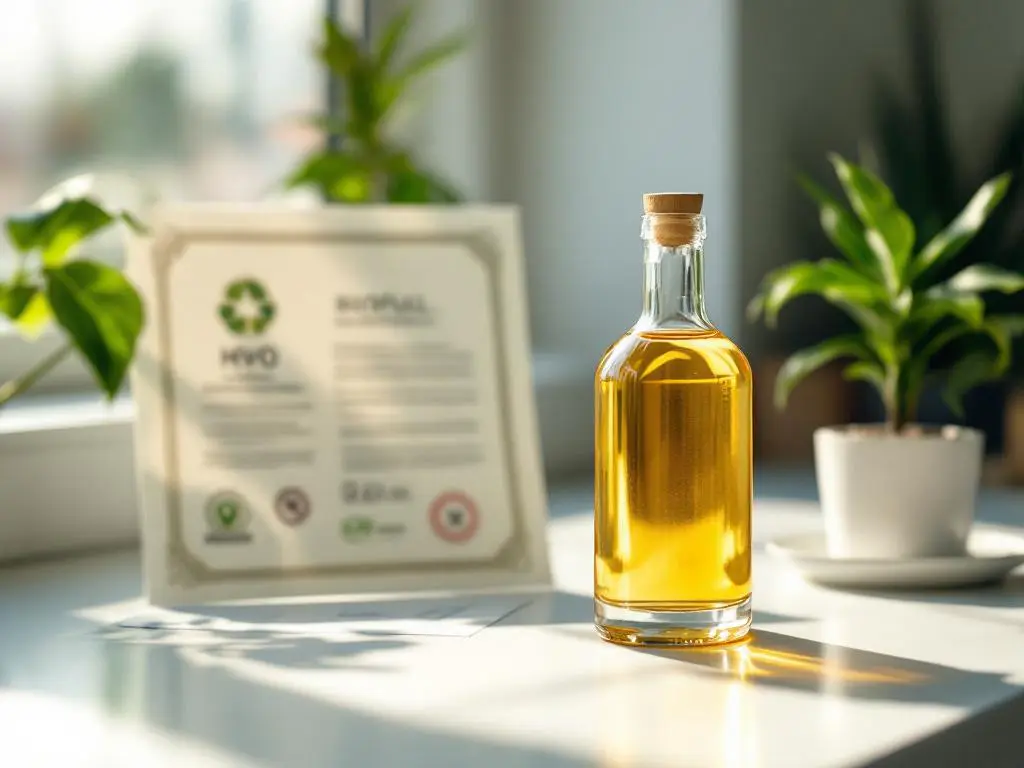 Glazen fles met gouden HVO-biobrandstof op laboratoriumtafel met certificeringsdocumenten en groene plant