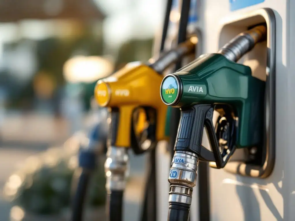Twee identieke brandstofpistolen aan moderne AVIA pomp dispenseren gouden HVO biobrandstof en diesel in transparante containers