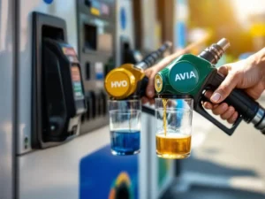 Twee brandstofpistolen bij AVIA tankstation vullen transparante containers met goudkleurige HVO biobrandstof en standaard diesel