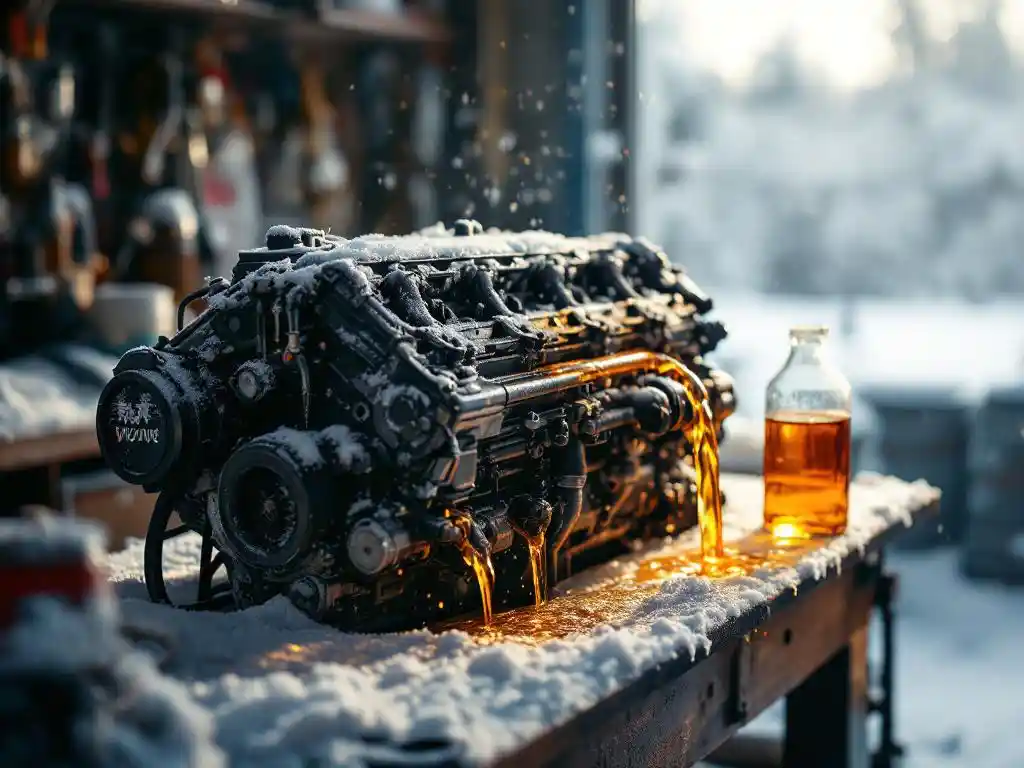 Dieselmotor bedekt met rijpkristallen op werkbank terwijl gouden HVO-biobrandstof uit glazen container stroomt