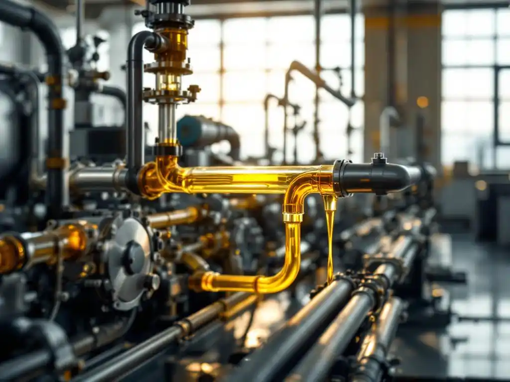Moderne industriële generator met glanzende metalen oppervlakken verbonden aan dikke brandstoflijnen met goudkleurige HVO-biobrandstof in transparante buizen