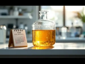 Glazen brandstofcontainer gevuld met gouden HVO-biobrandstof op witte laboratoriumtafel met kalender en zachte daglichtreflecties