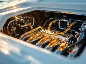 Pristine witte jacht dieselmotor met chromen brandstoflijnen en gouden HVO biobrandstof in transparante secties, marina achtergrond