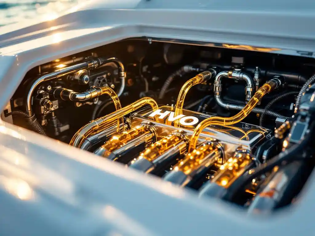 Pristine witte jacht dieselmotor met chromen brandstoflijnen en gouden HVO biobrandstof in transparante secties, marina achtergrond