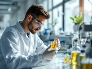 Laboratoriumtechnicus in witte jas onderzoekt glazen buisje met gouden HVO-biobrandstof op steriele werkbank