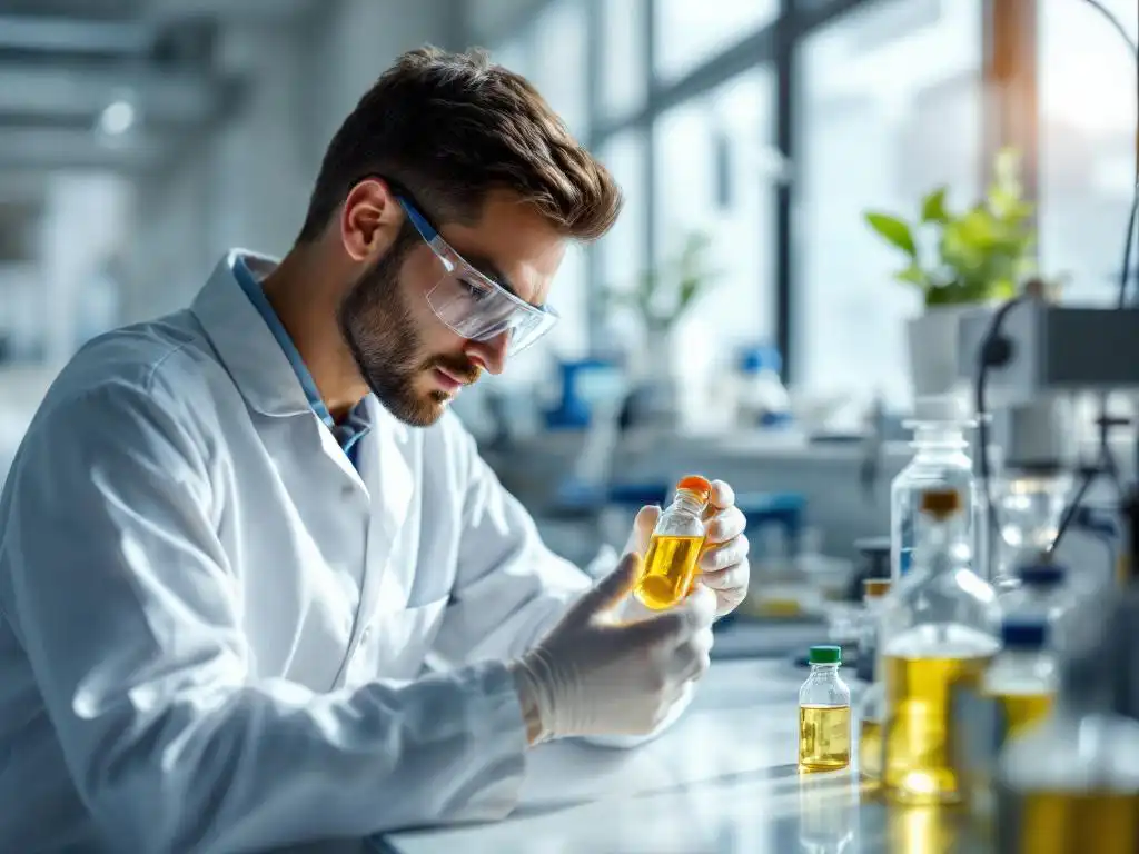 Laboratoriumtechnicus in witte jas onderzoekt glazen buisje met gouden HVO-biobrandstof op steriele werkbank