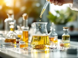 Laboratoriumbeaker gevuld met gouden HVO-biobrandstof terwijl kleurige additieven met pipet worden toegevoegd op witte werkbank
