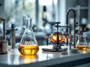 Glazen laboratoriumbekerglas gevuld met gouden HVO-biobrandstof op witte laboratoriumbank met bunsenbrander en meetapparatuur