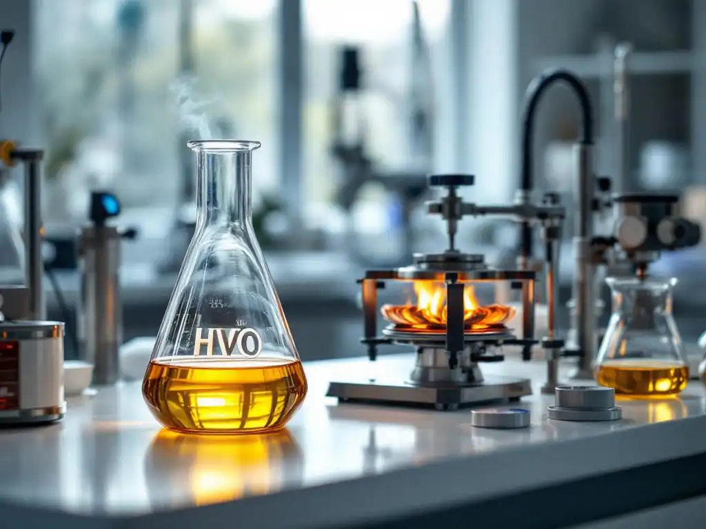 Glazen laboratoriumbekerglas gevuld met gouden HVO-biobrandstof op witte laboratoriumbank met bunsenbrander en meetapparatuur