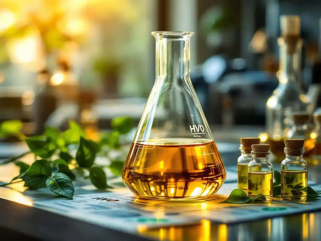 Glazen laboratoriumbekerglas gevuld met goudkleurige HVO-biobrandstof op stalen werkblad, omgeven door groene plantenbladeren en certificeringsdocumenten
