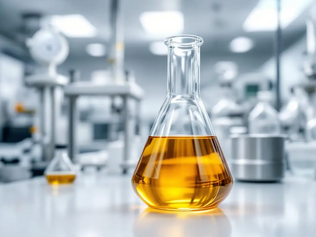 Glazen laboratoriumbekerglas gevuld met gouden HVO-biobrandstof op witte onderzoekstafel met meetinstrumenten