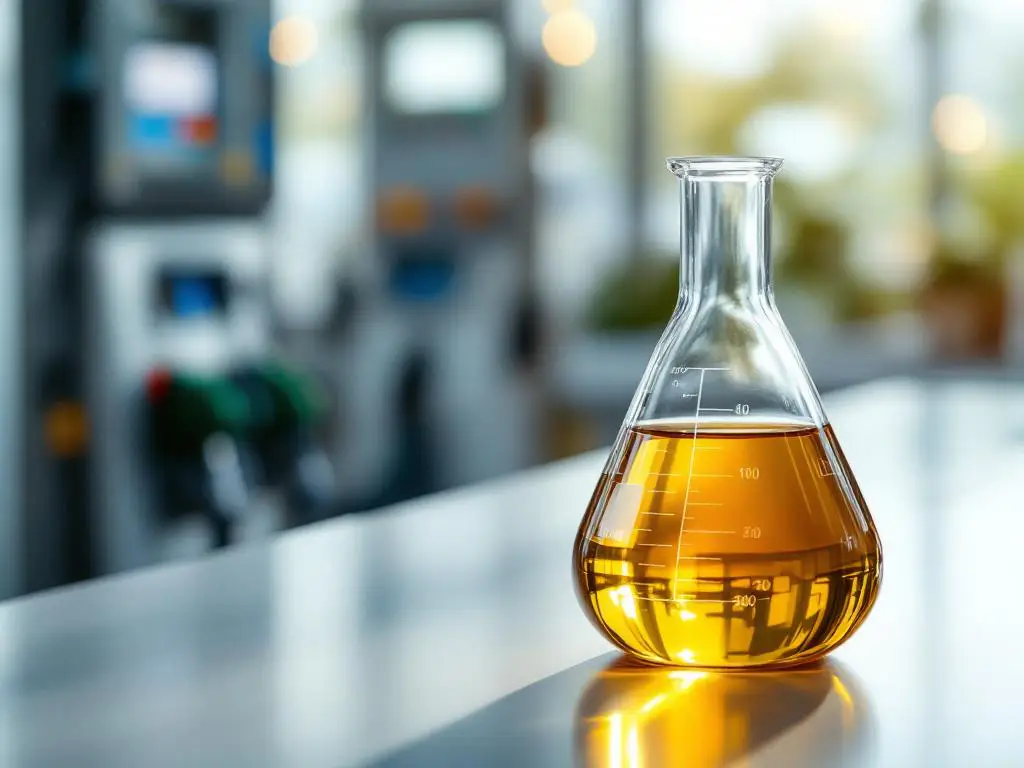 Glazen laboratoriumbekerglas gevuld met gouden HVO-biobrandstof op witte tankstationtoonbank met brandstofpompen op achtergrond
