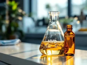 Glazen laboratoriumbekerglas met gouden HVO-biobrandstof naast amber flesje dieseladditief op witte laboratoriumtafel