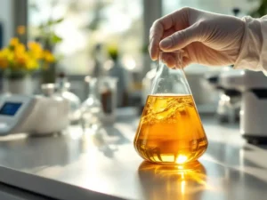 Laboratoriumbeaker met gouden HVO-biobrandstof gehouden tegen natuurlijk licht, digitale refractometer op witte werkbank