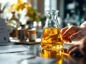 Glazen laboratoriumbekerglas gevuld met gouden HVO-biobrandstof op stalen werkblad met certificeringsdocumenten en testapparatuur