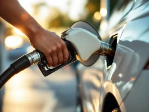 Witte leaseauto wordt bijgetankt met gouden HVO-biobrandstof bij moderne AVIA-tankstation in warm middaglicht