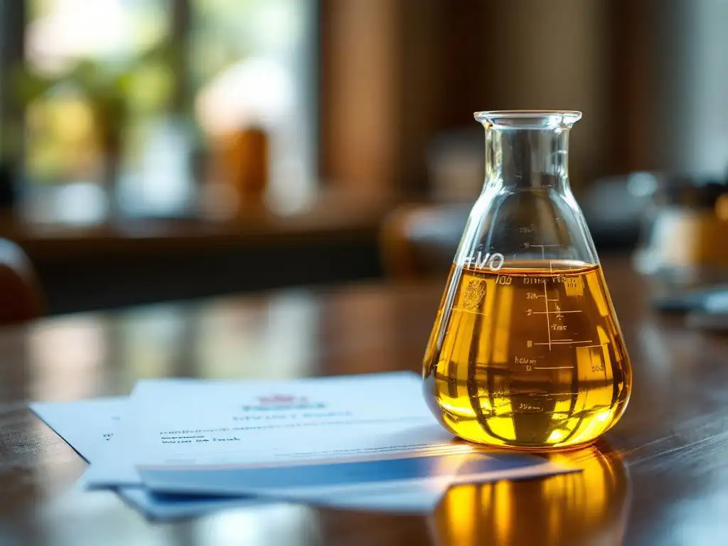 Glazen beker gevuld met gouden HVO-biobrandstof naast Nederlands overheidsdocument met oranje rijkswapen op houten bureau