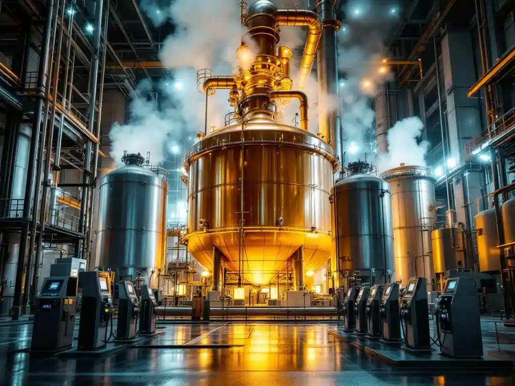 Industriële raffinaderij transformeert gouden kookolie-afval tot amber HVO-biobrandstof, met moderne tankstationpompen op voorgrond