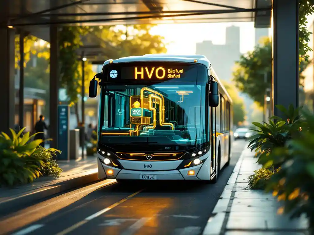 Moderne stadsbus met zichtbare HVO-biobrandstoflijnen arriveert bij groen busstation in warm ochtendlicht