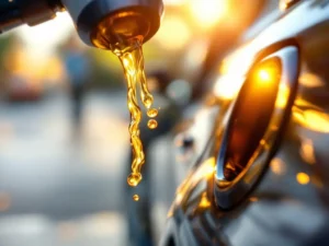 HVO biobrandstof stroomt uit moderne tankpistool in auto tank, gouden zonlicht vangt druppels en dampen bij wit tankstation