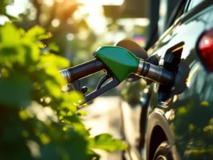 Brandstofpistool dat gouden HVO-biobrandstof tankt in moderne auto, met groene bladeren rond de aansluiting op eigentijds tankstation