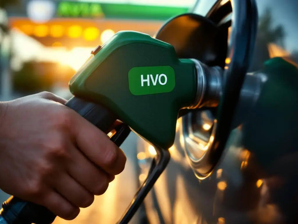 Hand houdt moderne tankpistool vast terwijl gouden HVO biobrandstof in autotank stroomt, groene HVO-label zichtbaar op pomp