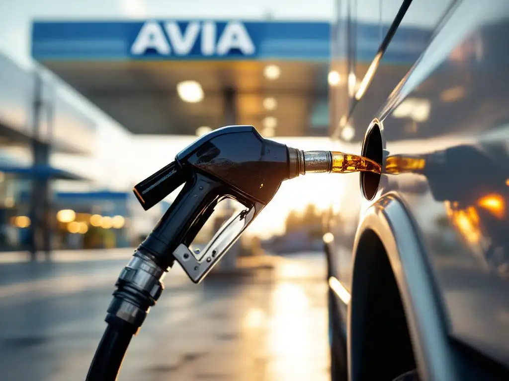 Dieselpomp vult moderne vrachtwagen met gouden HVO-biobrandstof bij AVIA-tankstation onder heldere middagzon