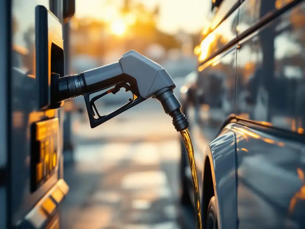 Moderne tankpistool vult vrachtwagen met gouden HVO-biobrandstof door transparante slang op eigentijds tankstation