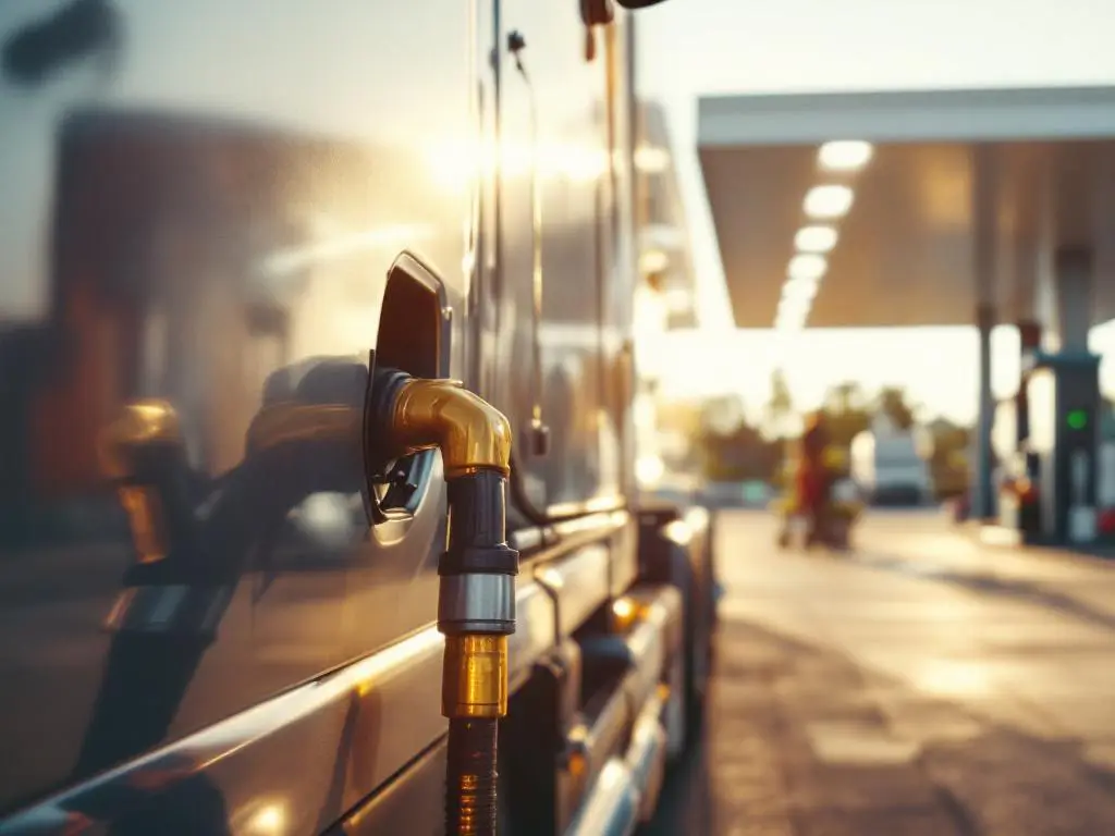 Zilveren vrachtwagen wordt bijgetankt met gouden HVO-biobrandstof aan moderne tankstation onder witte overkapping