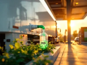 Witte vrachtwagen tankt groene HVO-biobrandstof bij modern tankstation met natuurlijke beplanting tijdens gouden uur