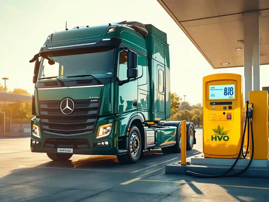 Grote vrachtwagen tankt HVO-biobrandstof bij moderne tankstation met gele pomp onder witte overkapping
