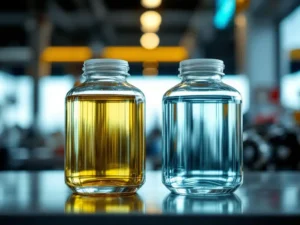 Twee glazen containers op benzinestation toonbank, één met gouden HVO biodiesel en één met heldere benzine, motoronderdeel op achtergrond