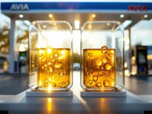 Twee glazen brandstoftanks met gouden HVO en amber biodiesel bij moderne AVIA tankstation met zonlicht door overkapping