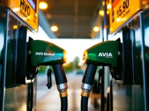 Twee brandstofpompen bij AVIA tankstation, één met gouden HVO biodiesel voor vrachtwagen, andere met regulaire diesel