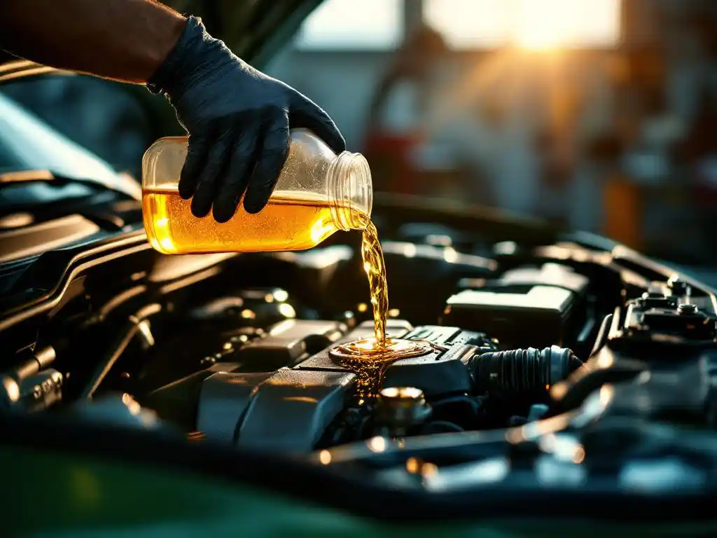 Technicus giet gouden HVO-biodiesel in glimmend chromen motorcompartiment met warme natuurlijke belichting
