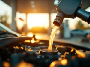 Auto-temperatuurmeter in groene zone met HVO-biodiesel die in brandstoftank wordt gegoten op tankstation