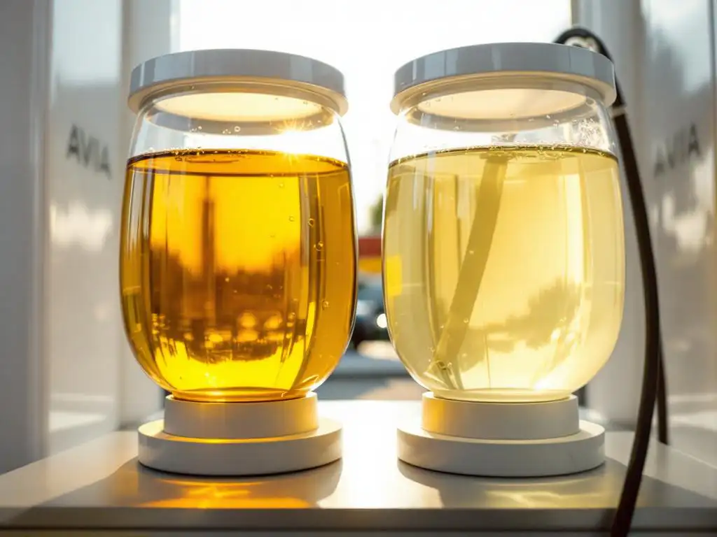 Twee glazen brandstoftanks bij AVIA tankstation tonen goudkleurige HVO biodiesel en bleke diesel onder witte overkapping