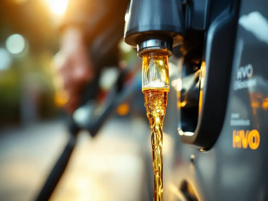 Brandstofpistool vult auto met gouden HVO biodiesel, zichtbare transparante leidingen en amberkleurige druppels in zonlicht