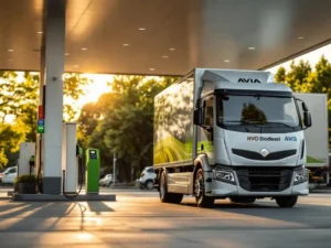 Moderne bezorgwagen wordt gevuld met HVO biodiesel bij AVIA tankstation, groene brandstofpomp zichtbaar onder witte overkapping