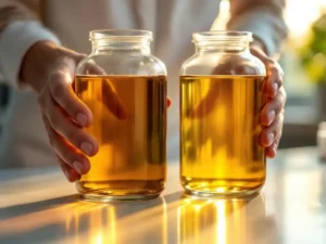 Twee glazen containers op laboratoriumtafel tonen goudkleurige HVO-biodiesel naast donkerdere conventionele diesel