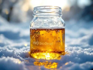 Glazen pot met gouden HVO-biodiesel op besneeuwde ondergrond, rijp op pot terwijl brandstof helder blijft, tankstation op achtergrond