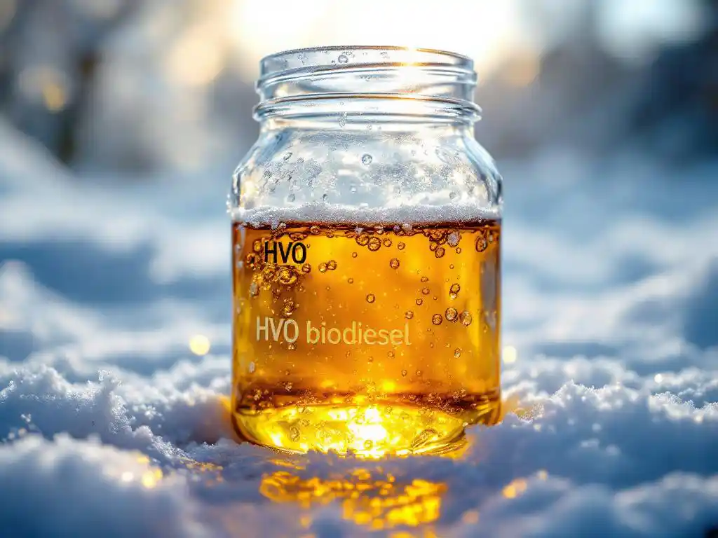Glazen pot met gouden HVO-biodiesel op besneeuwde ondergrond, rijp op pot terwijl brandstof helder blijft, tankstation op achtergrond
