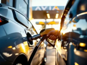AVIA tankstation pomp vult zilveren auto met gouden HVO biobrandstof, groene HVO-label zichtbaar op display
