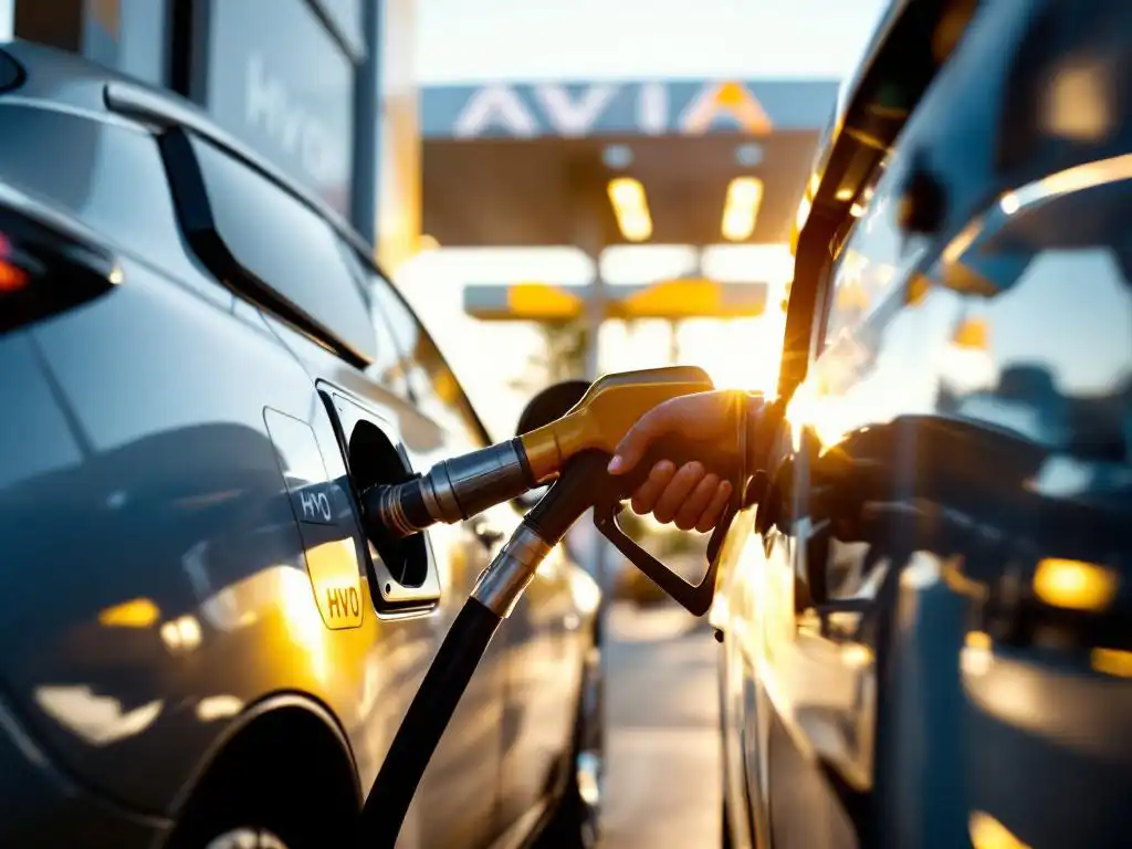 AVIA tankstation pomp vult zilveren auto met gouden HVO biobrandstof, groene HVO-label zichtbaar op display