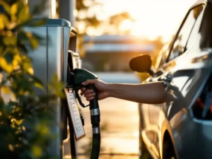 Brandstofpomp vult moderne auto met gouden HVO biobrandstof, klembord met duurzaamheidsvinkjes, groene begroeiing en zonnepanelen op tankstation